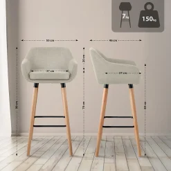 Tabouret de bar rembourré dossier Grant, chaise de bar tissu, structure bois, jusqu'à 150 kg Crème