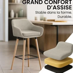 Tabouret de bar rembourré dossier Grant, chaise de bar tissu, structure bois, jusqu'à 150 kg Crème