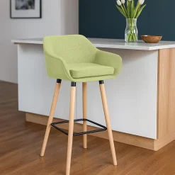 Tabouret de bar rembourré dossier Grant, chaise de bar tissu, structure bois, jusqu'à 150 kg Vertclair