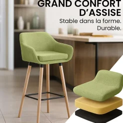 Tabouret de bar rembourré dossier Grant, chaise de bar tissu, structure bois, jusqu'à 150 kg Vertclair