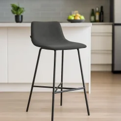 Tabouret de bar rembourré Altona, dossier, repose-pieds, métal noir, style scandinave moderne Grisfoncé/Tissu