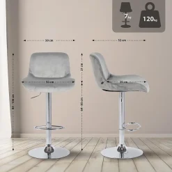 Tabouret de bar Solon chromé, velours ou tissu, réglable et pivotant, rembourré avec dossier Gris/Velours