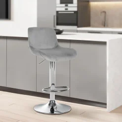 Tabouret de bar Solon chromé, velours ou tissu, réglable et pivotant, rembourré avec dossier Gris/Velours