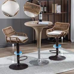 Tabouret de Bar Tabouret de Bar Réglable avec Accoudoirs et Repose-Pieds, Tissu Lin - Beige, 49x48x89-109 cm