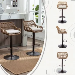 Tabouret de Bar Tabouret de Bar Réglable avec Accoudoirs et Repose-Pieds, Tissu Lin - Beige, 49x48x89-109 cm