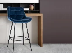 Tabouret de bar Weston dossier, assise rembourrée, structure métallique, velours ou similicuir, repose-pieds Bleu/Velours