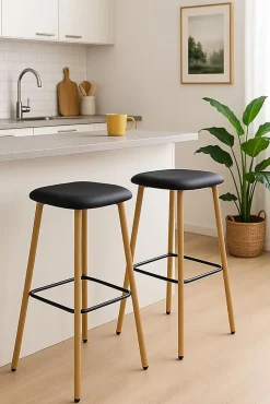 Tabourets de bar, hauteur d'assise 78 cm, pieds métal immitation hêtre, lot de 2 nes (noir)