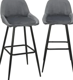 Tabourets de bar velours, lot de 2, pieds métal noir, hauteur d'assise 68 cm, mira (gris)