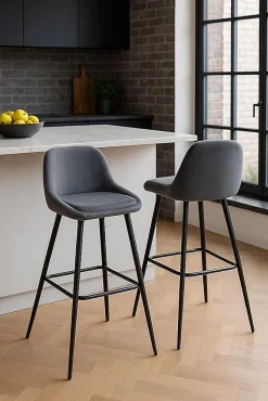 Tabourets de bar velours, lot de 2, pieds métal noir, hauteur d'assise 68 cm, mira (gris)