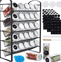 Étagère à épices avec pots à épices avec 25 boîtes à épices noir