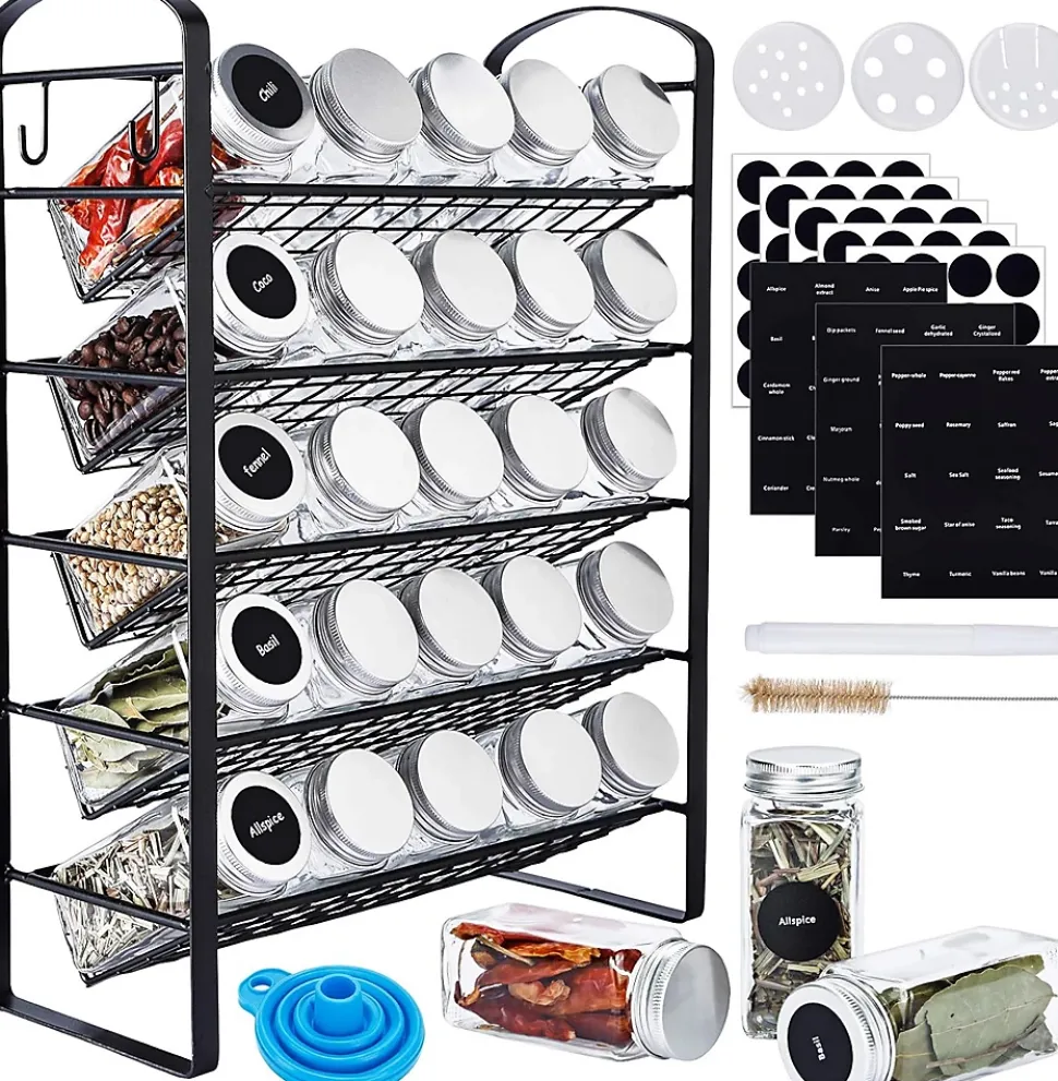 Étagère à épices avec pots à épices avec 25 boîtes à épices noir