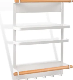 Étagère à Épices Magnétique sans Percage avec Porte-Rouleau de Cuisine et 4 Crochets Blanc
