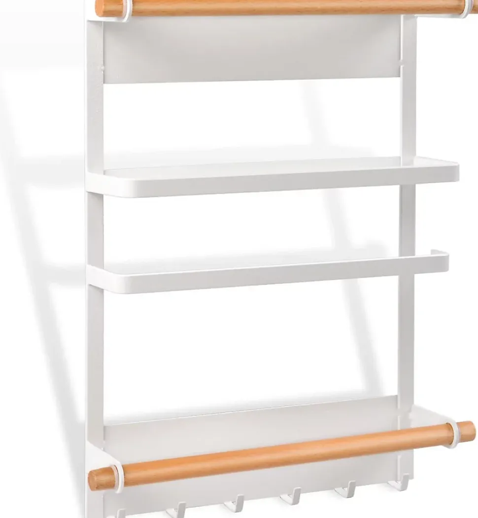 Étagère à Épices Magnétique sans Percage avec Porte-Rouleau de Cuisine et 4 Crochets Blanc