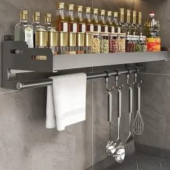 Étagère à épices, murale sans perçage avec porte-rouleau de cuisine et crochets noir
