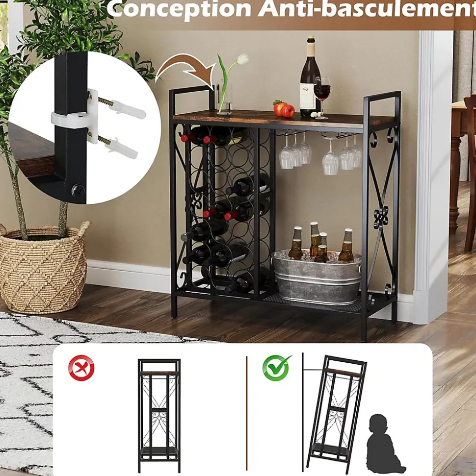 Étagère à Vin avec Casier à Vin 21 Bouteilles, 2 Porte-Verres pour 6 Verres, pour Salle à Manger, Cave, 93x38x102cm (Marron)