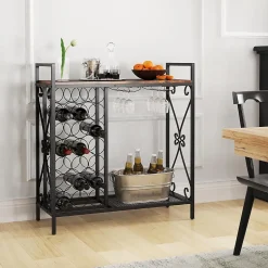 Étagère à Vin avec Casier à Vin 21 Bouteilles, 2 Porte-Verres pour 6 Verres, pour Salle à Manger, Cave, 93x38x102cm (Marron)