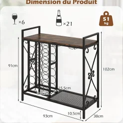 Étagère à Vin avec Casier à Vin 21 Bouteilles, 2 Porte-Verres pour 6 Verres, pour Salle à Manger, Cave, 93x38x102cm (Marron)