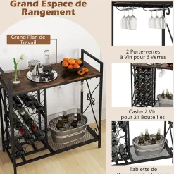 Étagère à Vin avec Casier à Vin 21 Bouteilles, 2 Porte-Verres pour 6 Verres, pour Salle à Manger, Cave, 93x38x102cm (Marron)