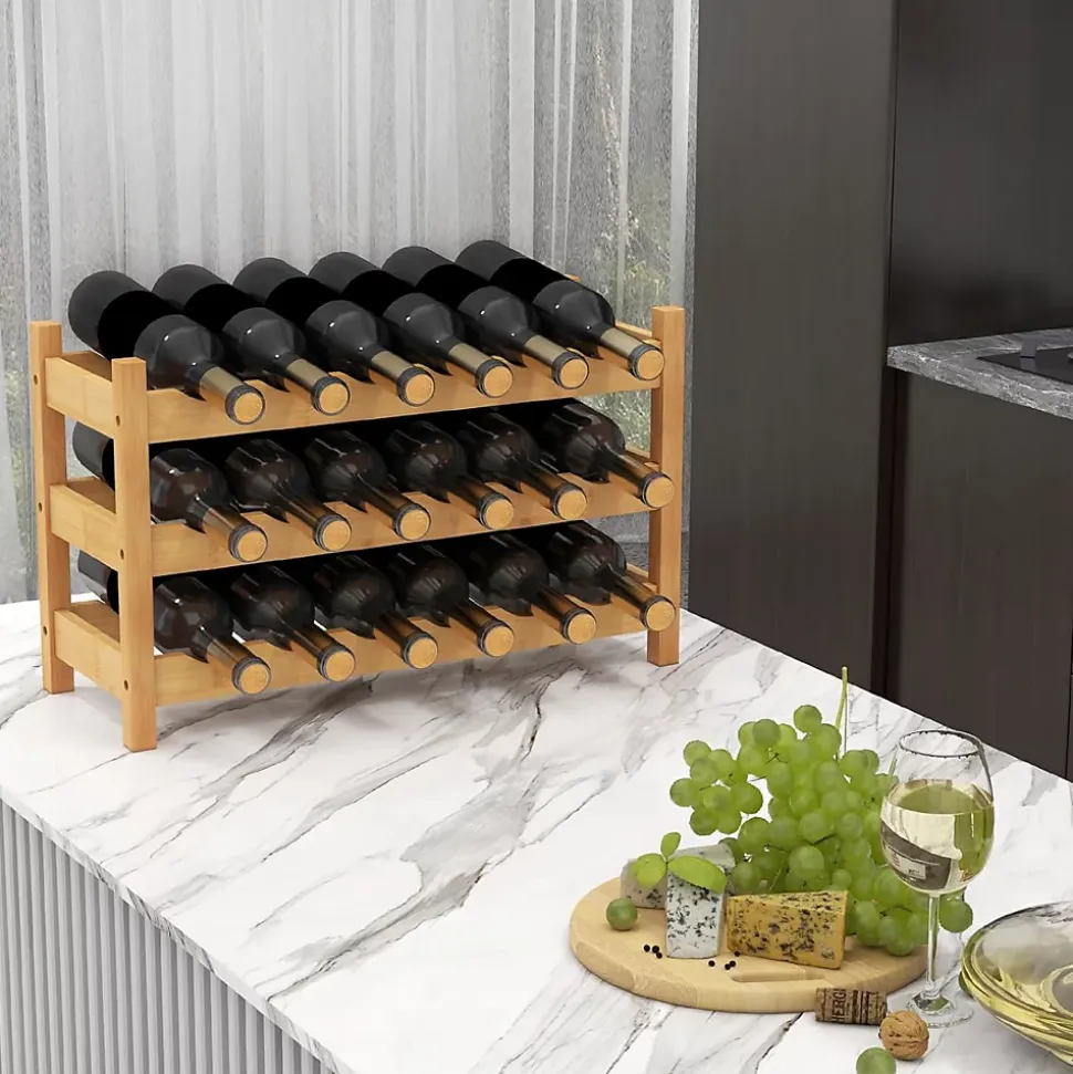 Étagère à Vin en Bambou à 3 Niveaux pour 18 Bouteilles de Vin,pour Cuisine, Bar, Garde-Manger, 62 x 24 x 38cm