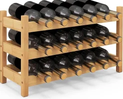 Étagère à Vin en Bambou à 3 Niveaux pour 18 Bouteilles de Vin,pour Cuisine, Bar, Garde-Manger, 62 x 24 x 38cm
