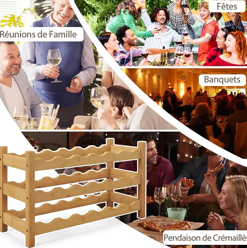 Étagère à Vin en Bambou à 3 Niveaux pour 18 Bouteilles de Vin,pour Cuisine, Bar, Garde-Manger, 62 x 24 x 38cm