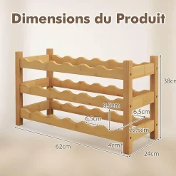 Étagère à Vin en Bambou à 3 Niveaux pour 18 Bouteilles de Vin,pour Cuisine, Bar, Garde-Manger, 62 x 24 x 38cm