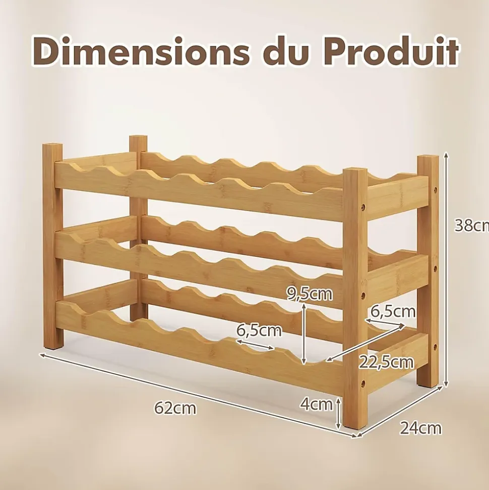 Étagère à Vin en Bambou à 3 Niveaux pour 18 Bouteilles de Vin,pour Cuisine, Bar, Garde-Manger, 62 x 24 x 38cm