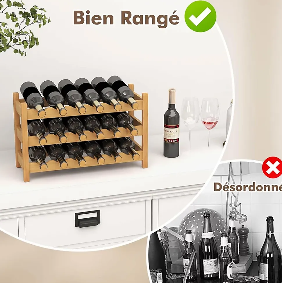 Étagère à Vin en Bambou à 3 Niveaux pour 18 Bouteilles de Vin,pour Cuisine, Bar, Garde-Manger, 62 x 24 x 38cm