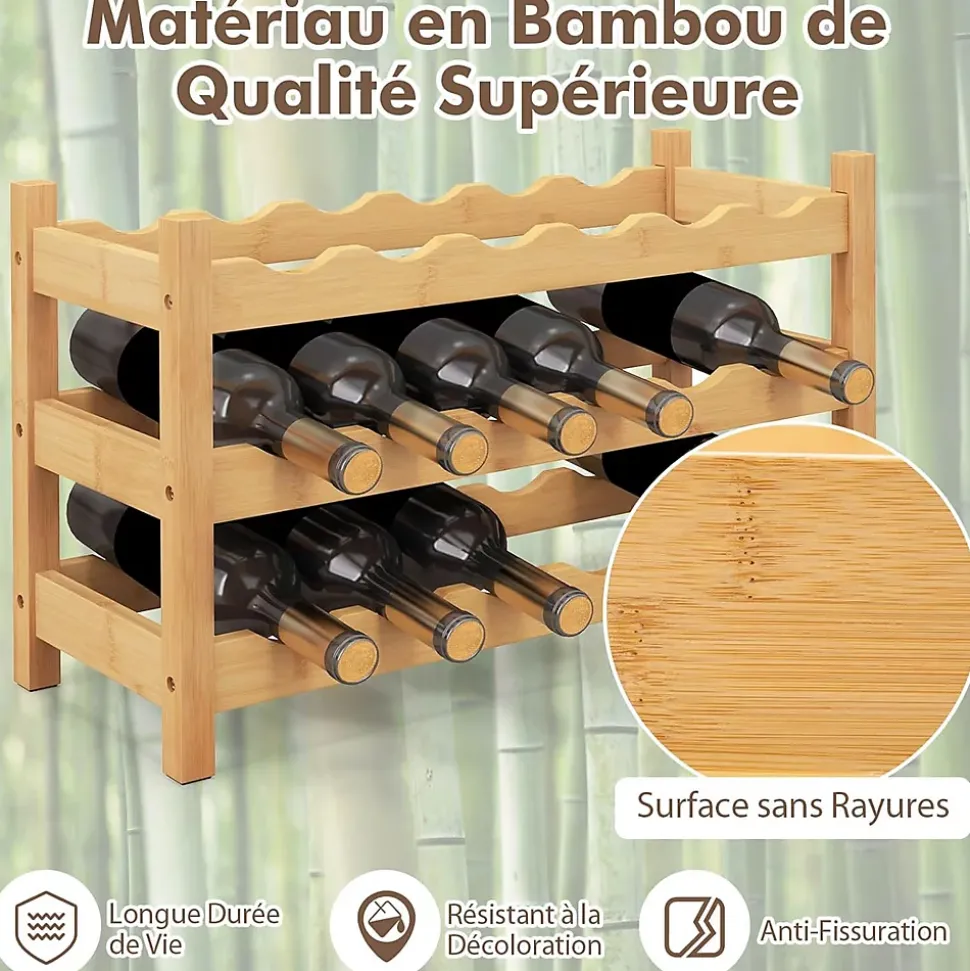 Étagère à Vin en Bambou à 3 Niveaux pour 18 Bouteilles de Vin,pour Cuisine, Bar, Garde-Manger, 62 x 24 x 38cm