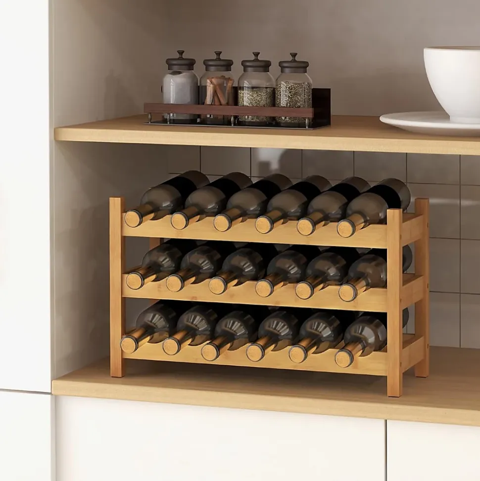Étagère à Vin en Bambou à 3 Niveaux pour 18 Bouteilles de Vin,pour Cuisine, Bar, Garde-Manger, 62 x 24 x 38cm