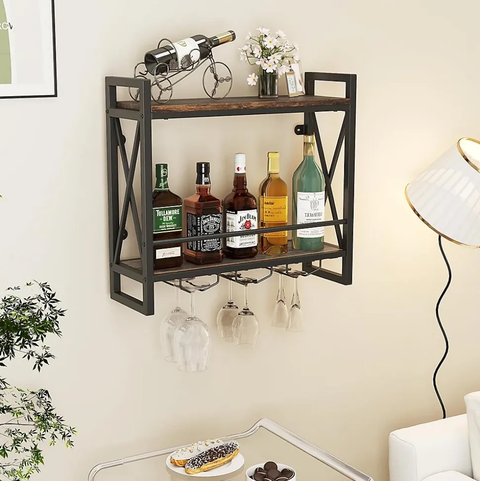 Étagère à Vin Murale, 2 Niveaux pour 14 Bouteilles, 9 Porte-Verres à Vin ou 6 Tasses,pour Bar, Salle à Manger,Cuisine, 60x20x55cm