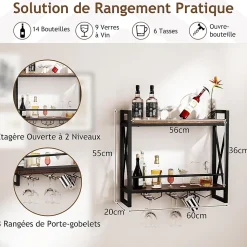 Étagère à Vin Murale, 2 Niveaux pour 14 Bouteilles, 9 Porte-Verres à Vin ou 6 Tasses,pour Bar, Salle à Manger,Cuisine, 60x20x55cm