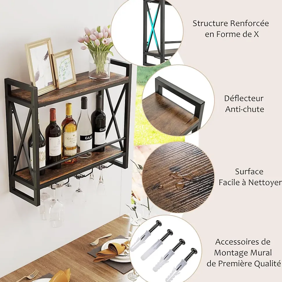 Étagère à Vin Murale, 2 Niveaux pour 14 Bouteilles, 9 Porte-Verres à Vin ou 6 Tasses,pour Bar, Salle à Manger,Cuisine, 60x20x55cm