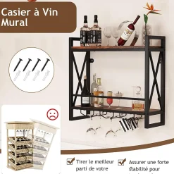 Étagère à Vin Murale, 2 Niveaux pour 14 Bouteilles, 9 Porte-Verres à Vin ou 6 Tasses,pour Bar, Salle à Manger,Cuisine, 60x20x55cm