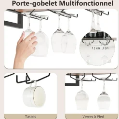 Étagère à Vin Murale, 2 Niveaux pour 14 Bouteilles, 9 Porte-Verres à Vin ou 6 Tasses,pour Bar, Salle à Manger,Cuisine, 60x20x55cm