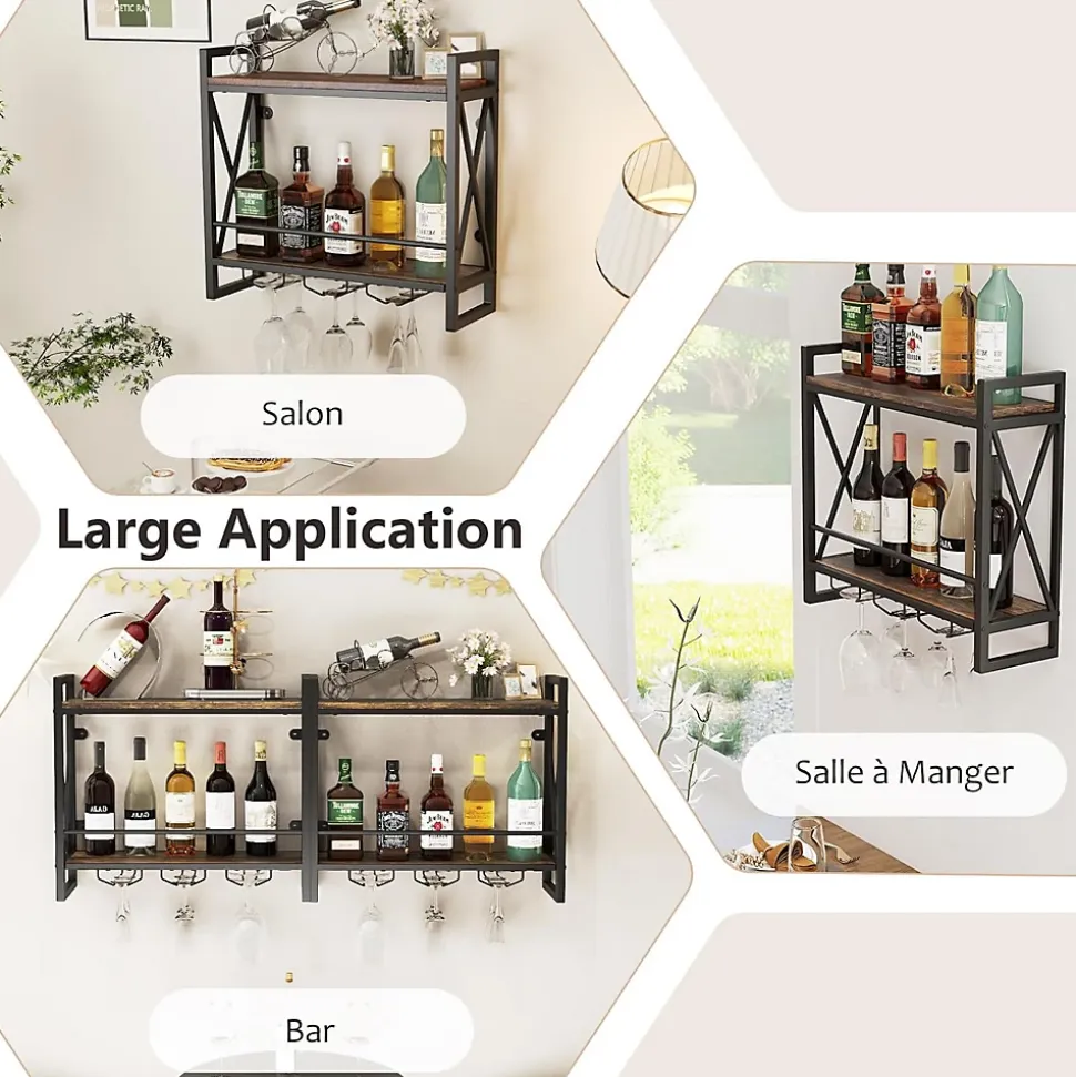 Étagère à Vin Murale, 2 Niveaux pour 14 Bouteilles, 9 Porte-Verres à Vin ou 6 Tasses,pour Bar, Salle à Manger,Cuisine, 60x20x55cm