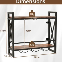 Étagère à Vin Murale, 2 Niveaux pour 14 Bouteilles, 9 Porte-Verres à Vin ou 6 Tasses,pour Bar, Salle à Manger,Cuisine, 60x20x55cm
