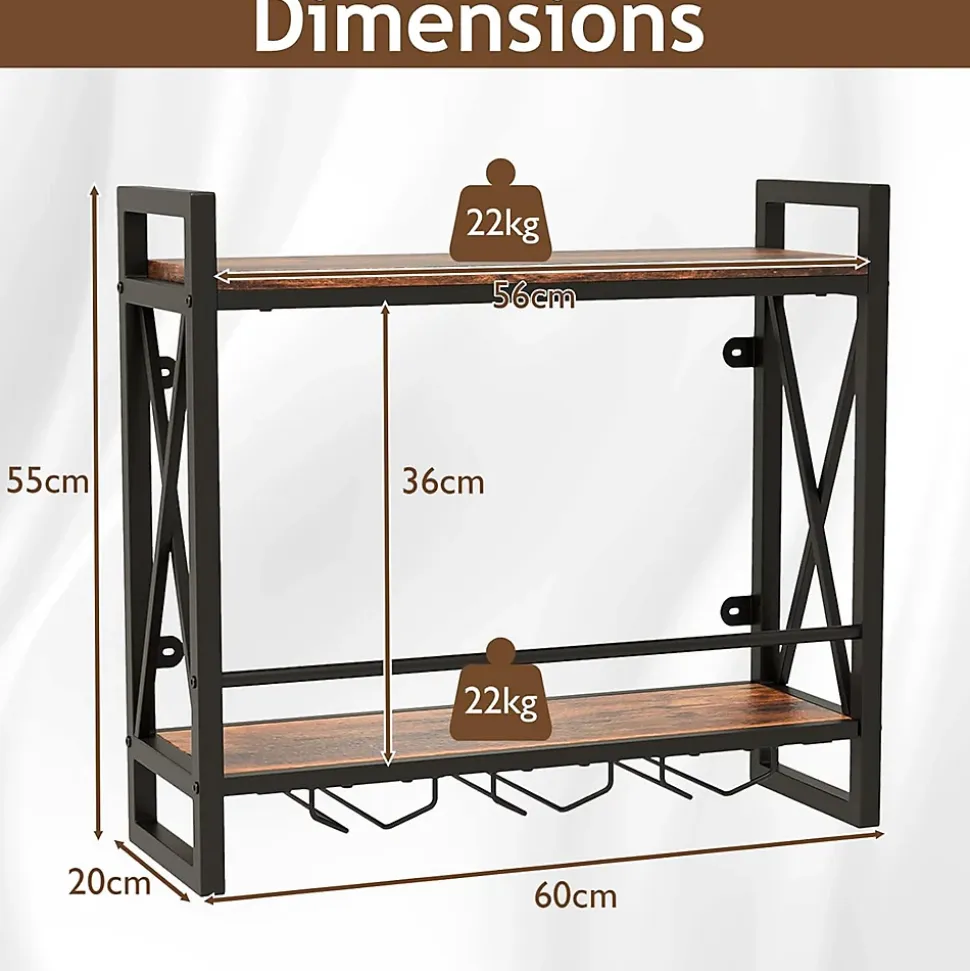 Étagère à Vin Murale, 2 Niveaux pour 14 Bouteilles, 9 Porte-Verres à Vin ou 6 Tasses,pour Bar, Salle à Manger,Cuisine, 60x20x55cm