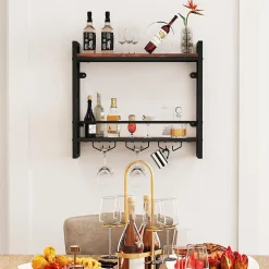 Étagère à Vin Murale, 2 Niveaux pour 14 Bouteilles, 9 Porte-Verres à Vin ou 6 Tasses,pour Bar, Salle à Manger,Cuisine, 60x20x55cm