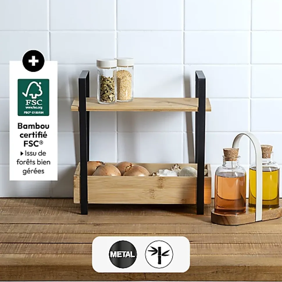 Étagère Ordera 2 niveaux avec bac de rangement en bambou noir - Noir- 5five
