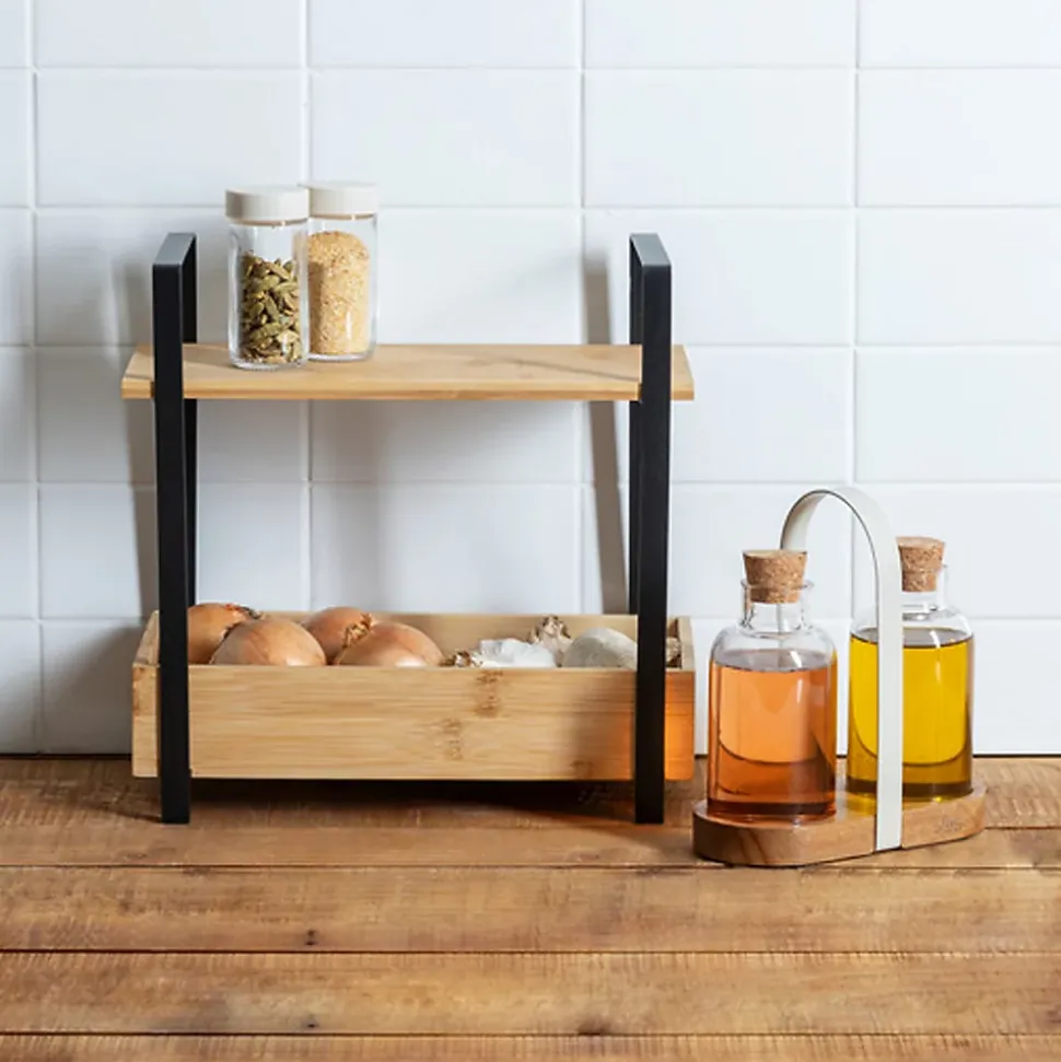Étagère Ordera 2 niveaux avec bac de rangement en bambou noir - Noir- 5five