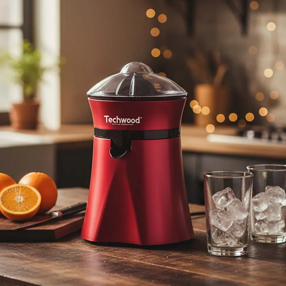Techwood TPF-35, Presse agrumes electrique 1L rouge avec pieds anti-dérapants, Bol verseur translucide gradué