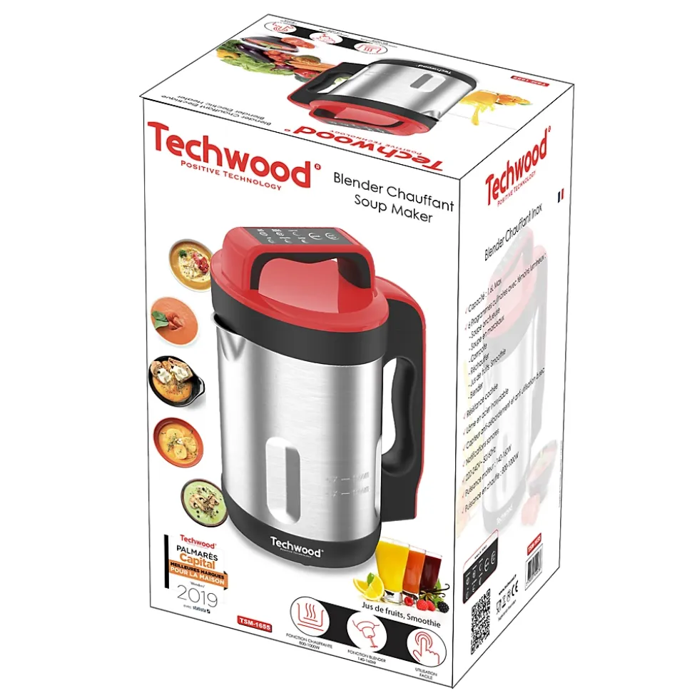 Techwood TSM-1655 Blender Chauffant Capacite 1.6L Soupe Veloute Compote Maintien au Chaud 1000W Inox Coloris Rouge