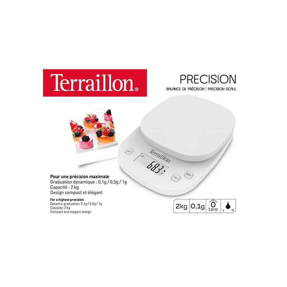 TERRAILLON 14526 - Balance culinaire éléctronique de précision - 2kg - Affichage LCD - 13x12,5x1,2 - Fonction Tare - Blanche