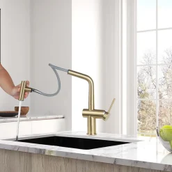Timeless mitigeur d'évier à levier en acier inoxydable avec douchette extractible, monotrou, or brossé (TMLKF185BG)