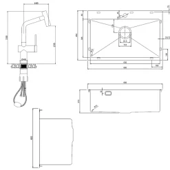 Timeless 68x45x21 cm évier encastrable en inox 304 + mitigeur inox avec douchette extractible, or brossé (TMLKST-6845BG-M1)