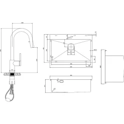 Timeless 68x45x21 cm évier encastrable en inox 304 + mitigeur inox avec douchette extractible, cuivre brossé (TMLKST-6845BCP-M2)