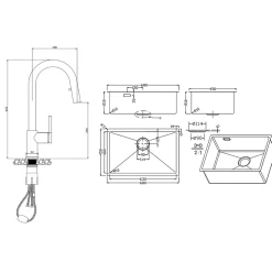 Timeless 68x45x21 cm évier sous plan en inox 304 + mitigeur inox avec douchette extractible, cuivre brossé (TMLKSU-6845BCP-M2)