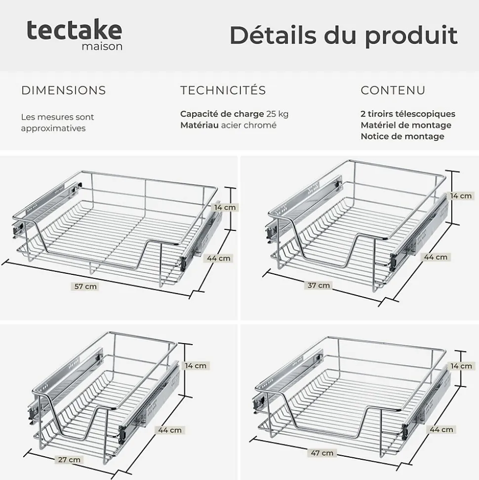 Tiroir de rangement téléscopique gris
