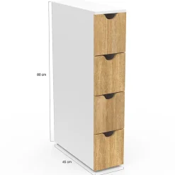 Tour de rangement 4 tiroirs WILO sur roulettes colonne gain de place blanc et façon hêtre